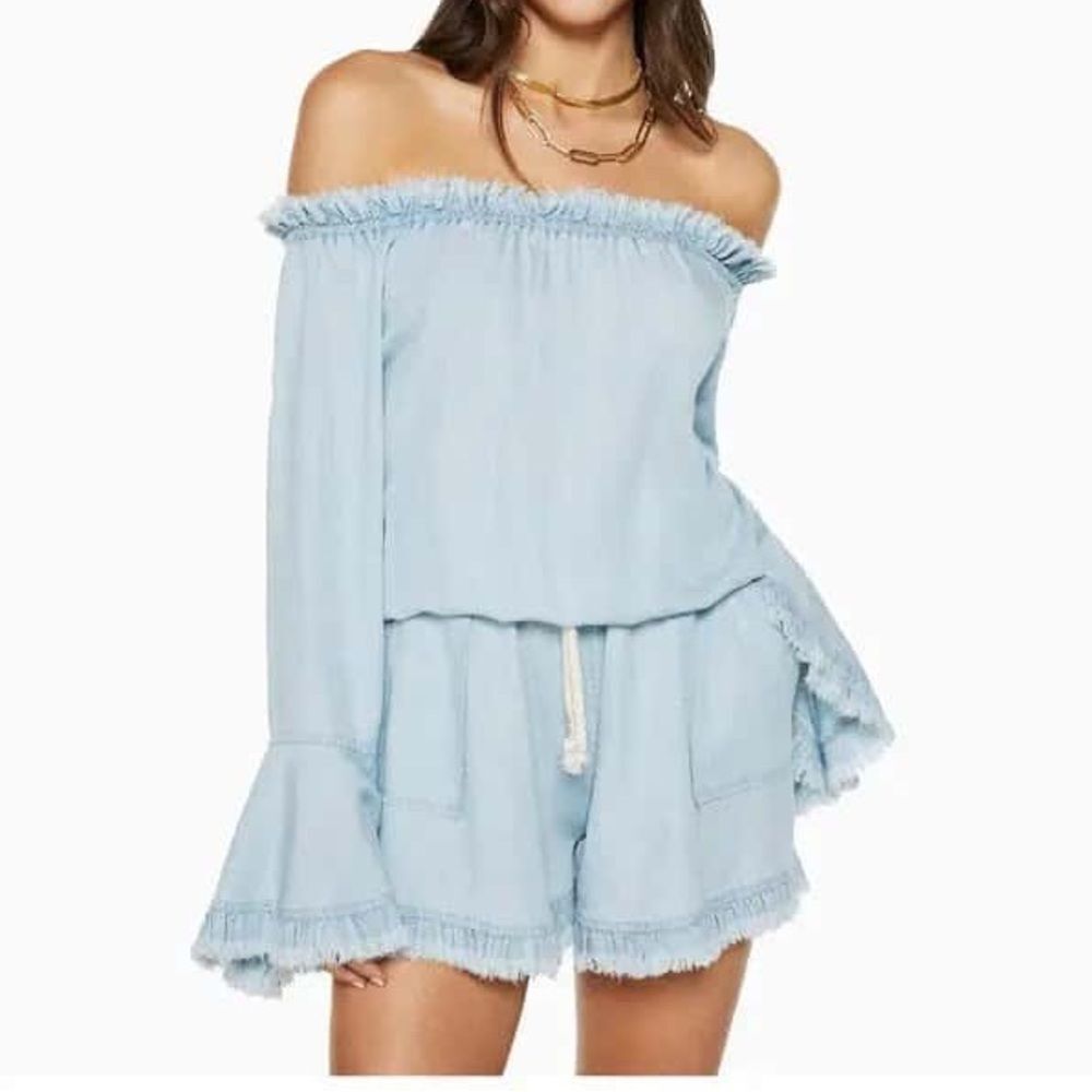 RAMY BROOK Chambray Romper Esie Off The Shoulder Sz S Shortall Light Blue Retro